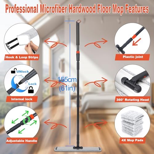 18-Inch Microfiber Mop with 4 Reusable Pads and 61in Handle