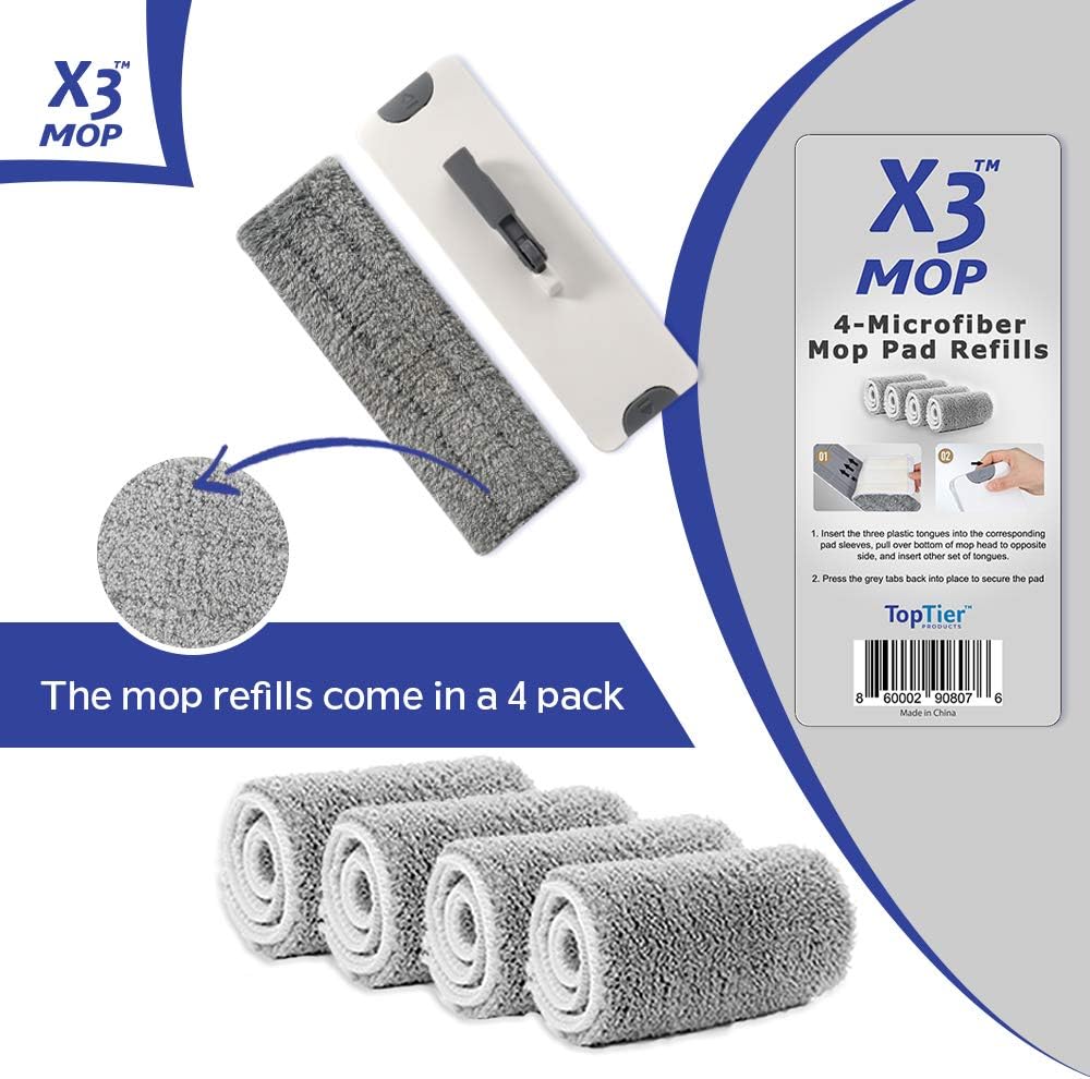 TopTier Products X3 Mop Replacement Microfiber Pads 4 Pack