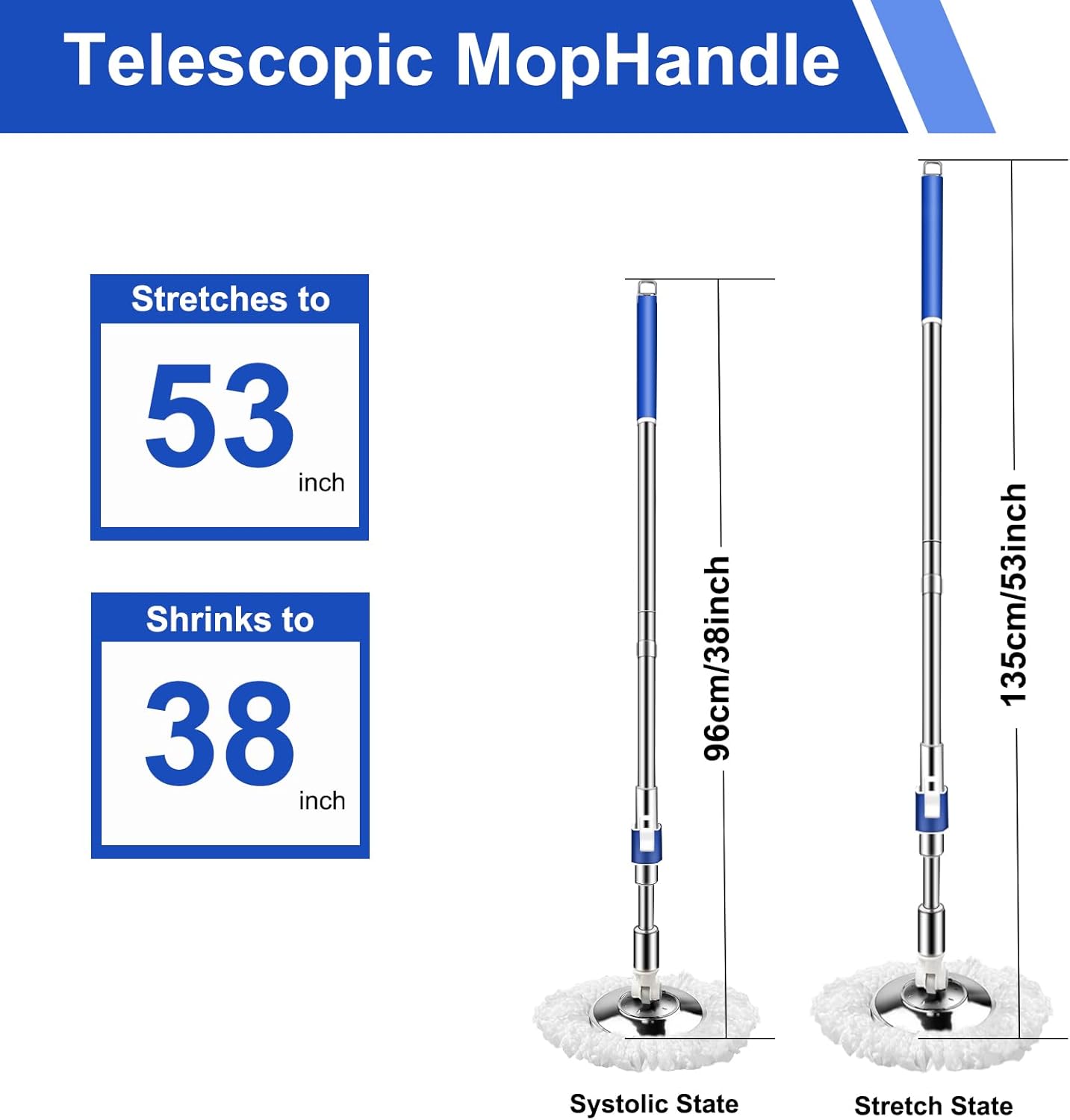360 Swivel Mop Handle with Reinforced Pole and Microfiber Refills Blue