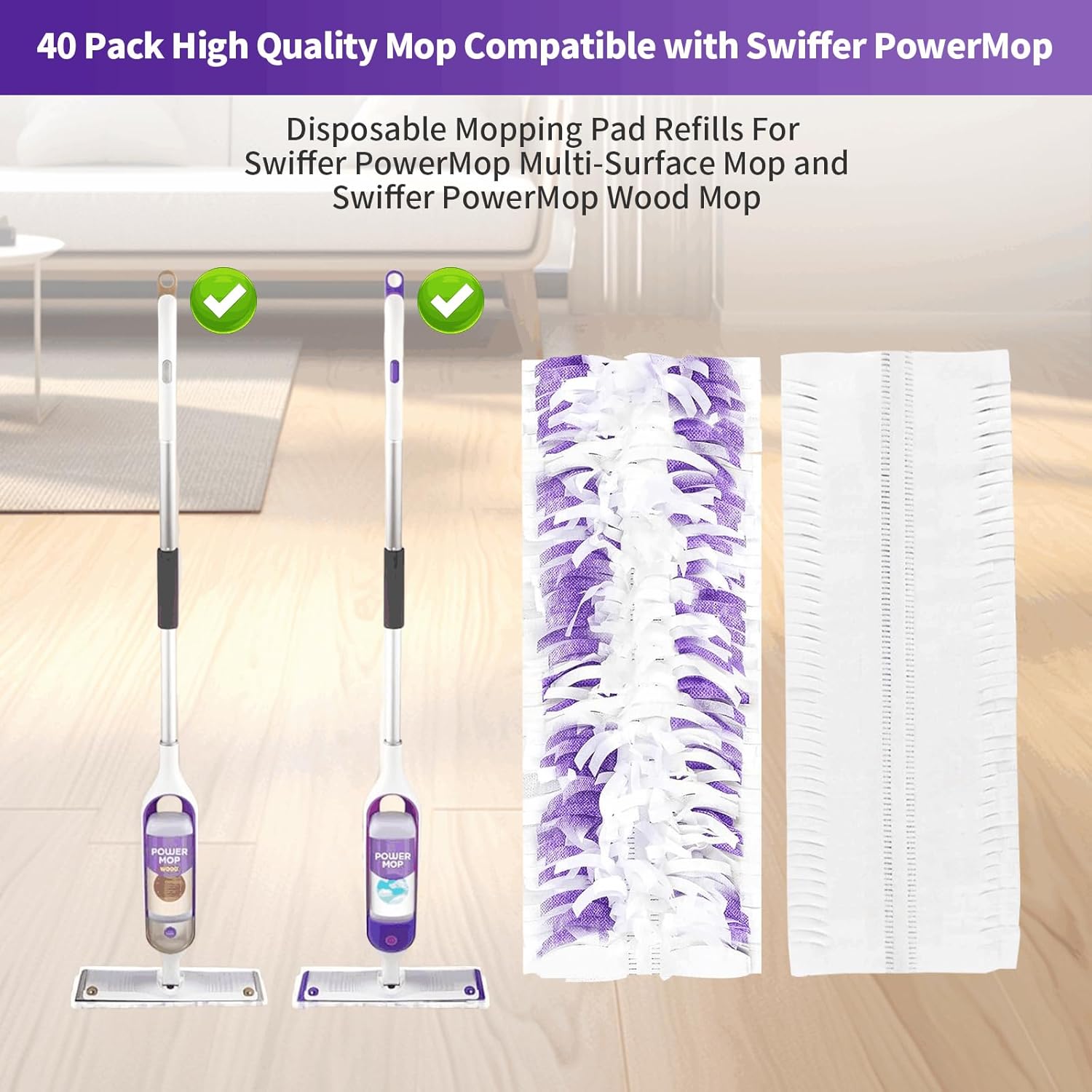 40 Pack Disposable Mopping Pads for Swiffer PowerMop Multi-Surface Wood Mops