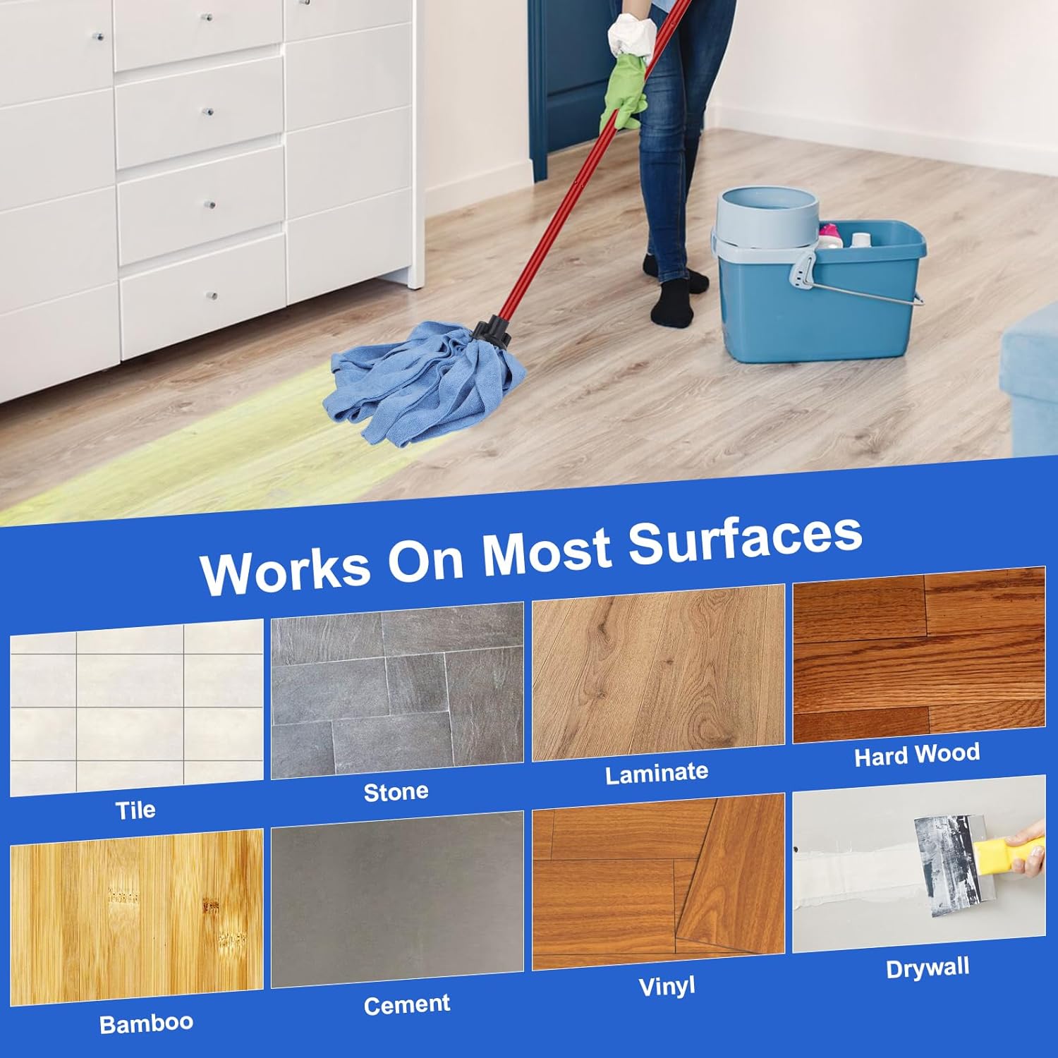 BeiLan Microfiber Mop Heads Replacements - 4 Blue Cloths with 1 Handle