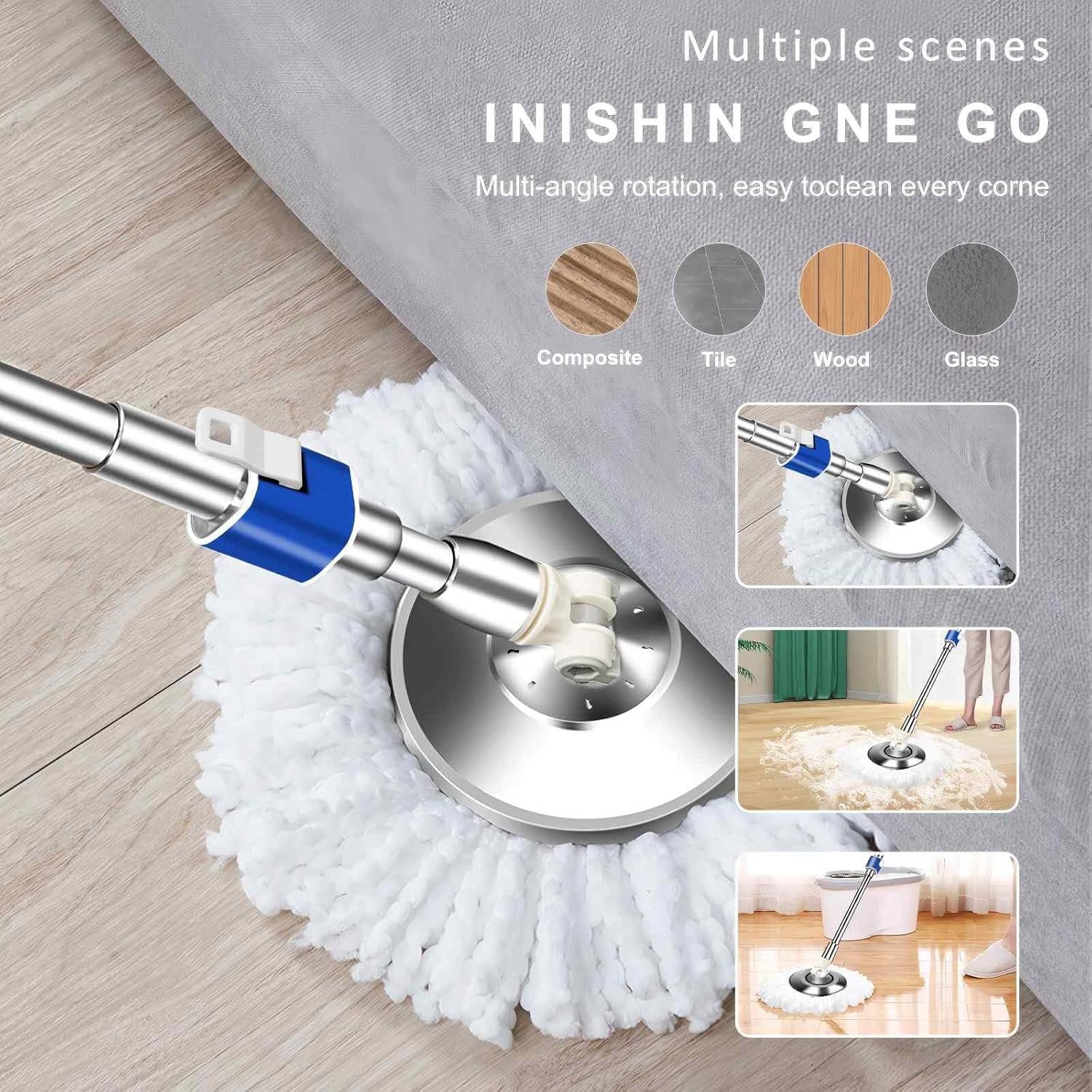 360 Swivel Mop Handle with Reinforced Pole and Microfiber Refills Blue