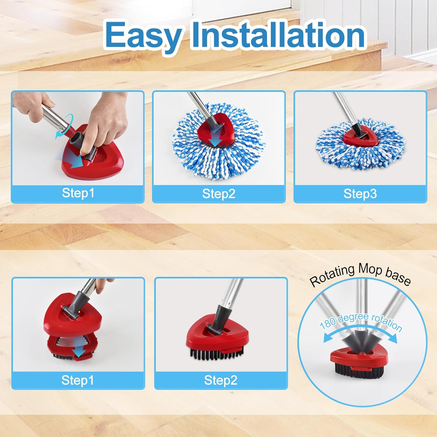 Heuihm 2 Spin Mop Heads 4-Section Handle Combo Set