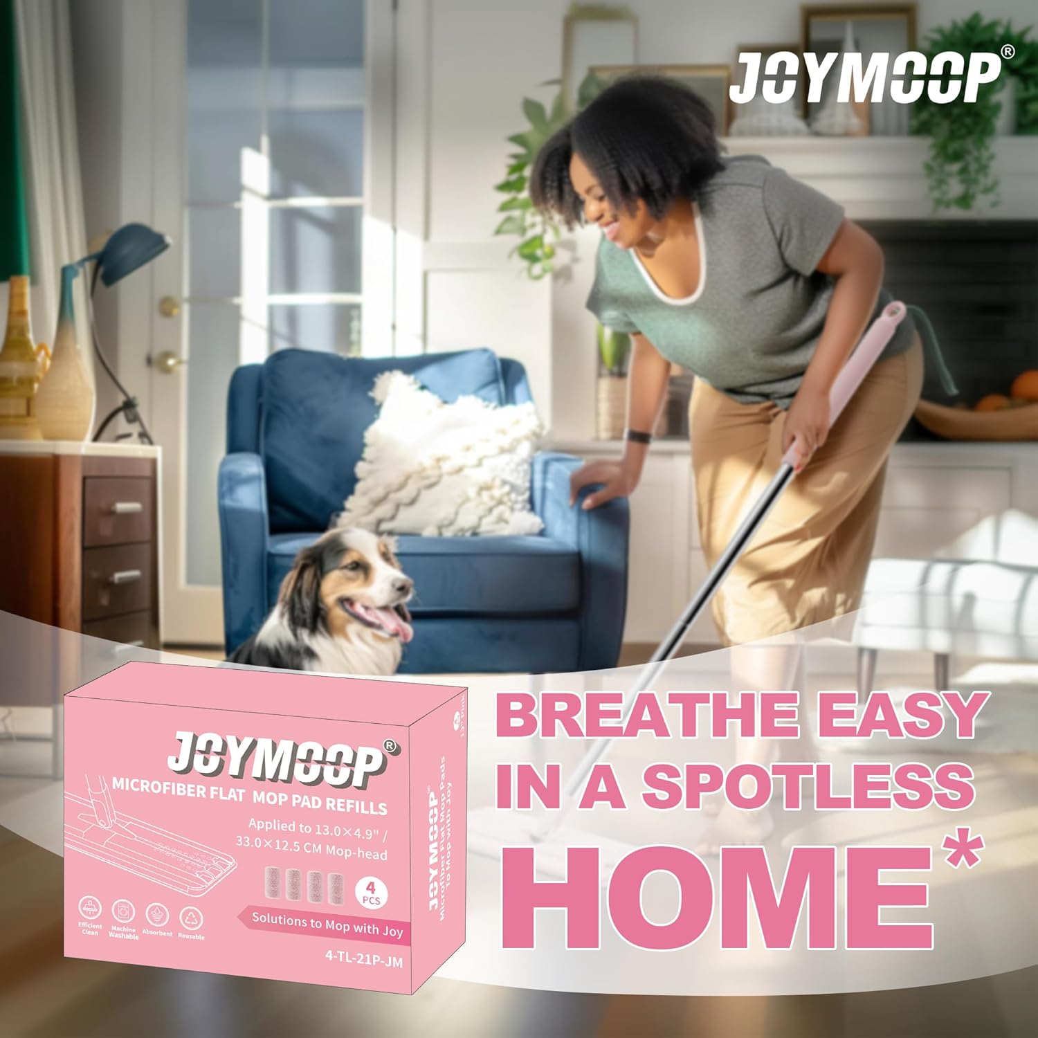 JOYMOOP 13inch Flat Mop Pads - Pink Pack of 4 Refills