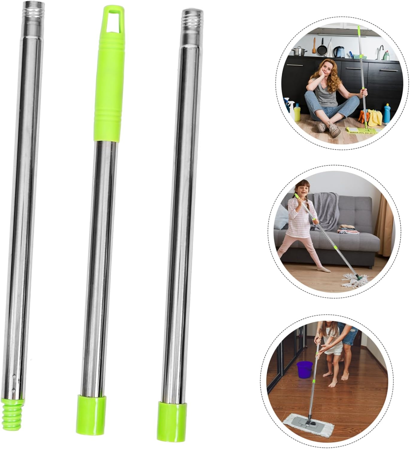 3-Section Mop Handle Replacement Sturdy Plastic Stainless Steel Mop Rod
