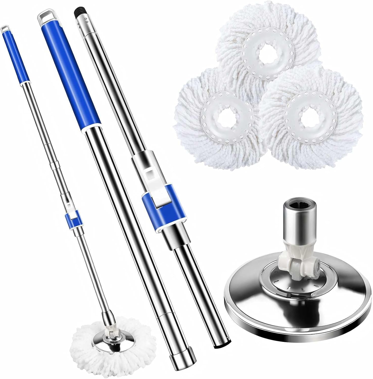 360 Swivel Mop Handle with Reinforced Pole and Microfiber Refills Blue