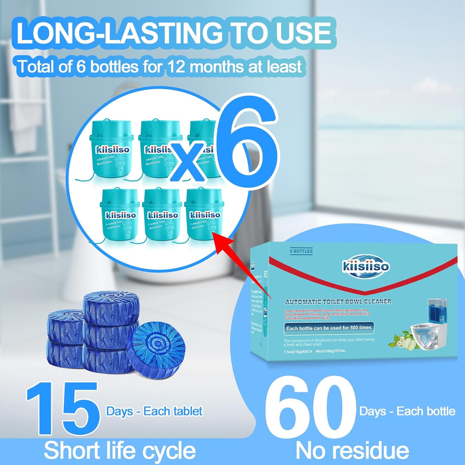 KIISIISO Toilet Bowl Cleaners 6 Pack - Septic Safe Blue Water