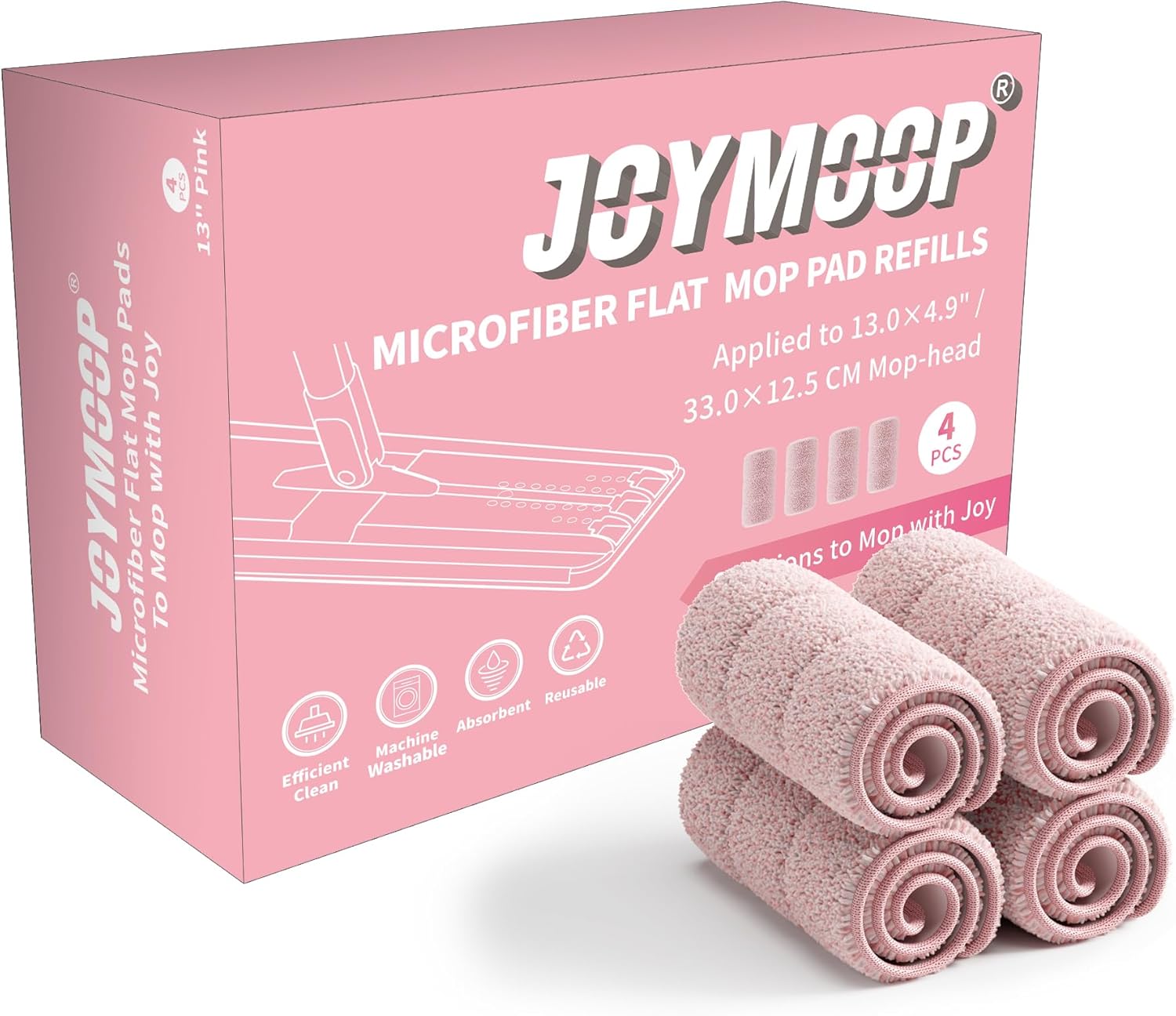 JOYMOOP 13inch Flat Mop Pads - Pink Pack of 4 Refills