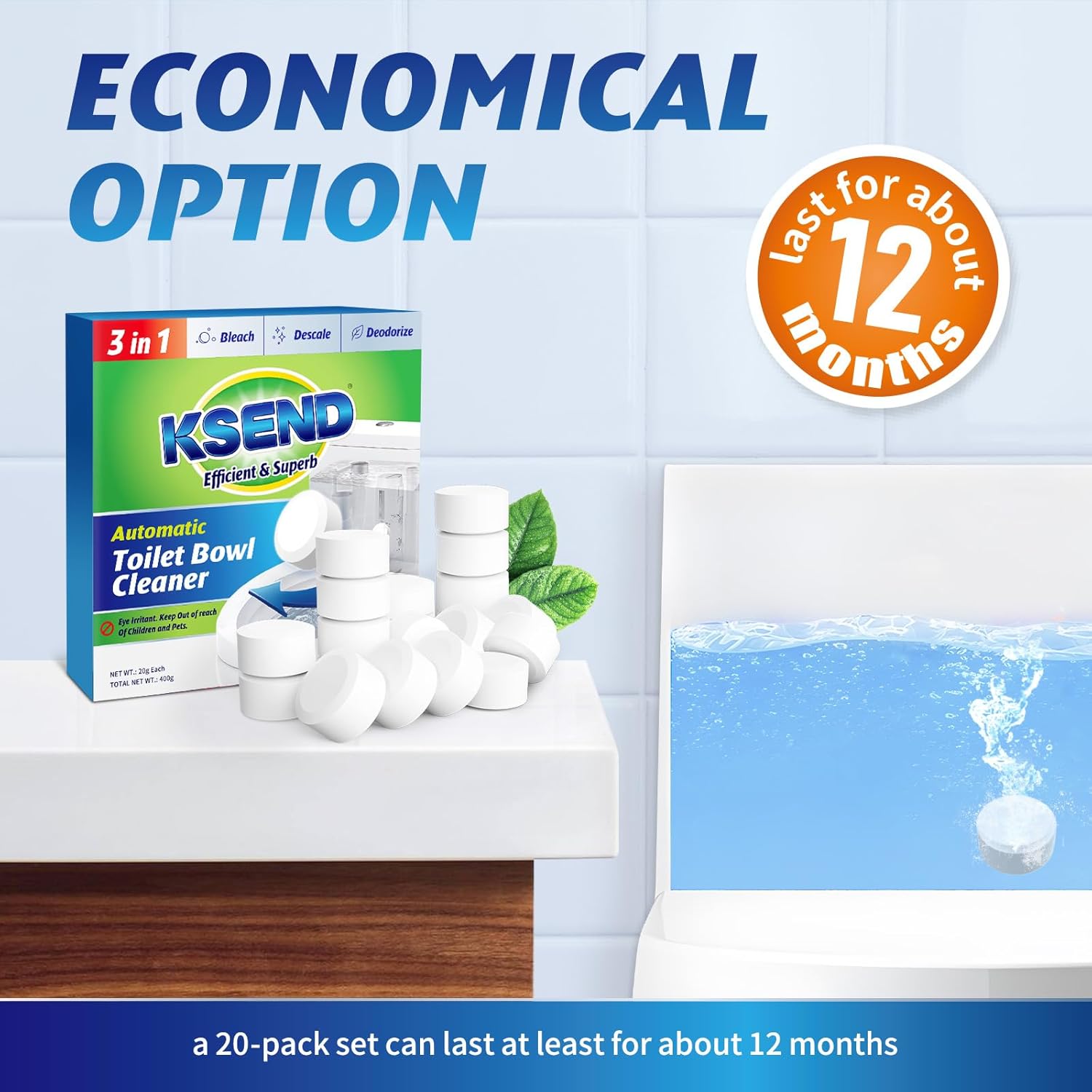 Ksend Toilet Bowl Cleaner Tablets - 40PCS Automatic Bleach Tablets