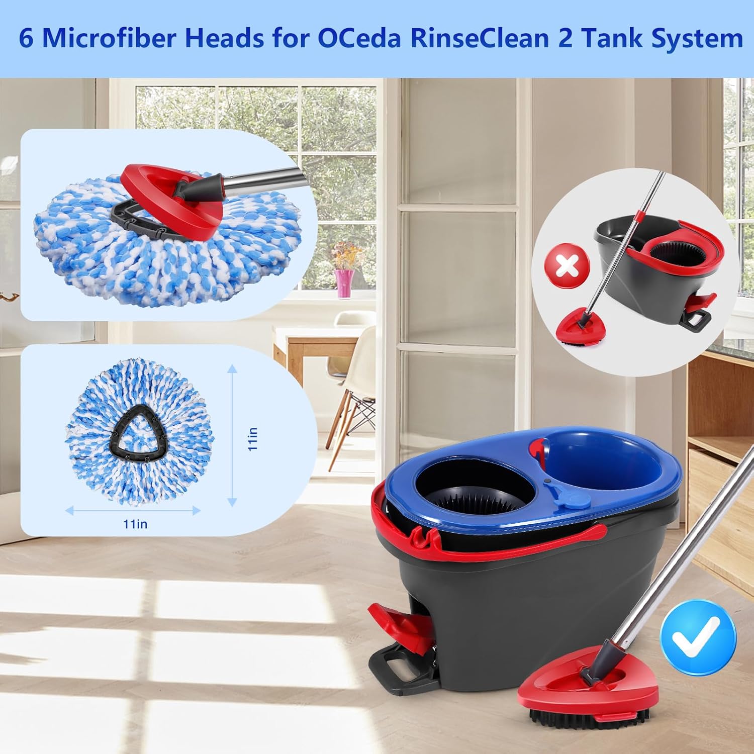 6 Pack Mop Replacement Heads for Oceda RinseClean 2-Tank System