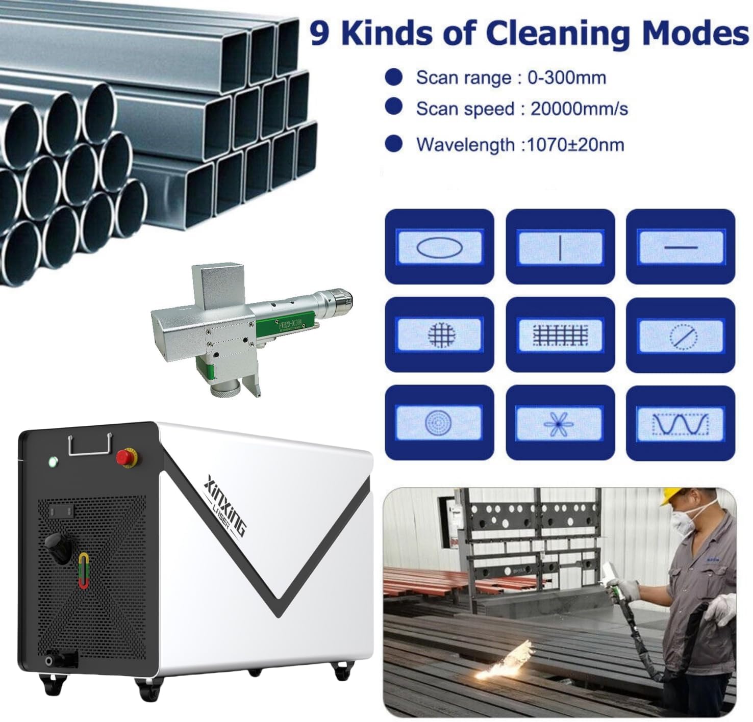 2000W Laser Cleaning Machine with 9 Modes and 300mm Scan