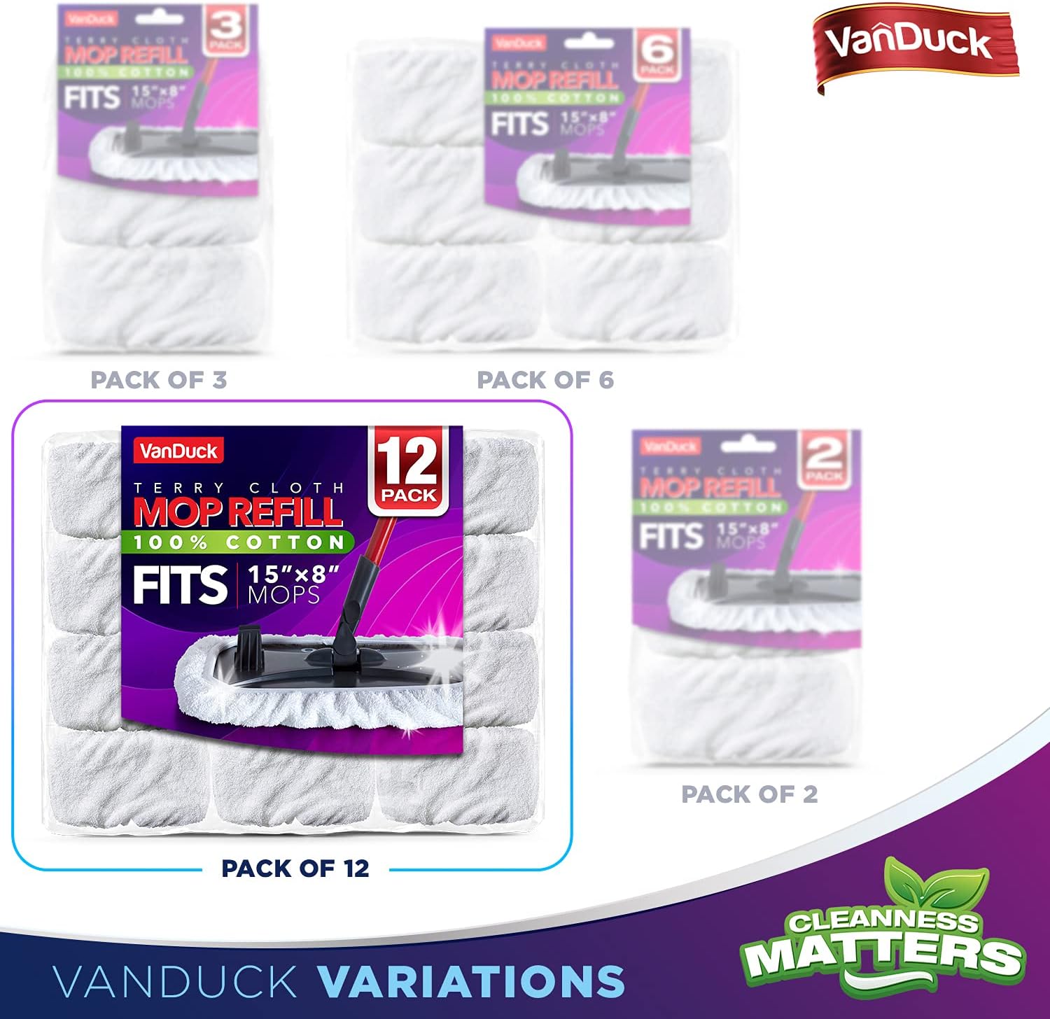 VanDuck 100 Cotton Terry Mop Pads 15x8 Inch Pack of 12