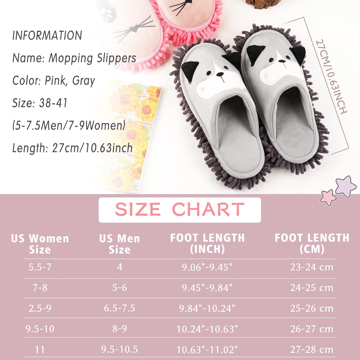 Frjjthchy Cartoon Dog Mop Slippers Gray