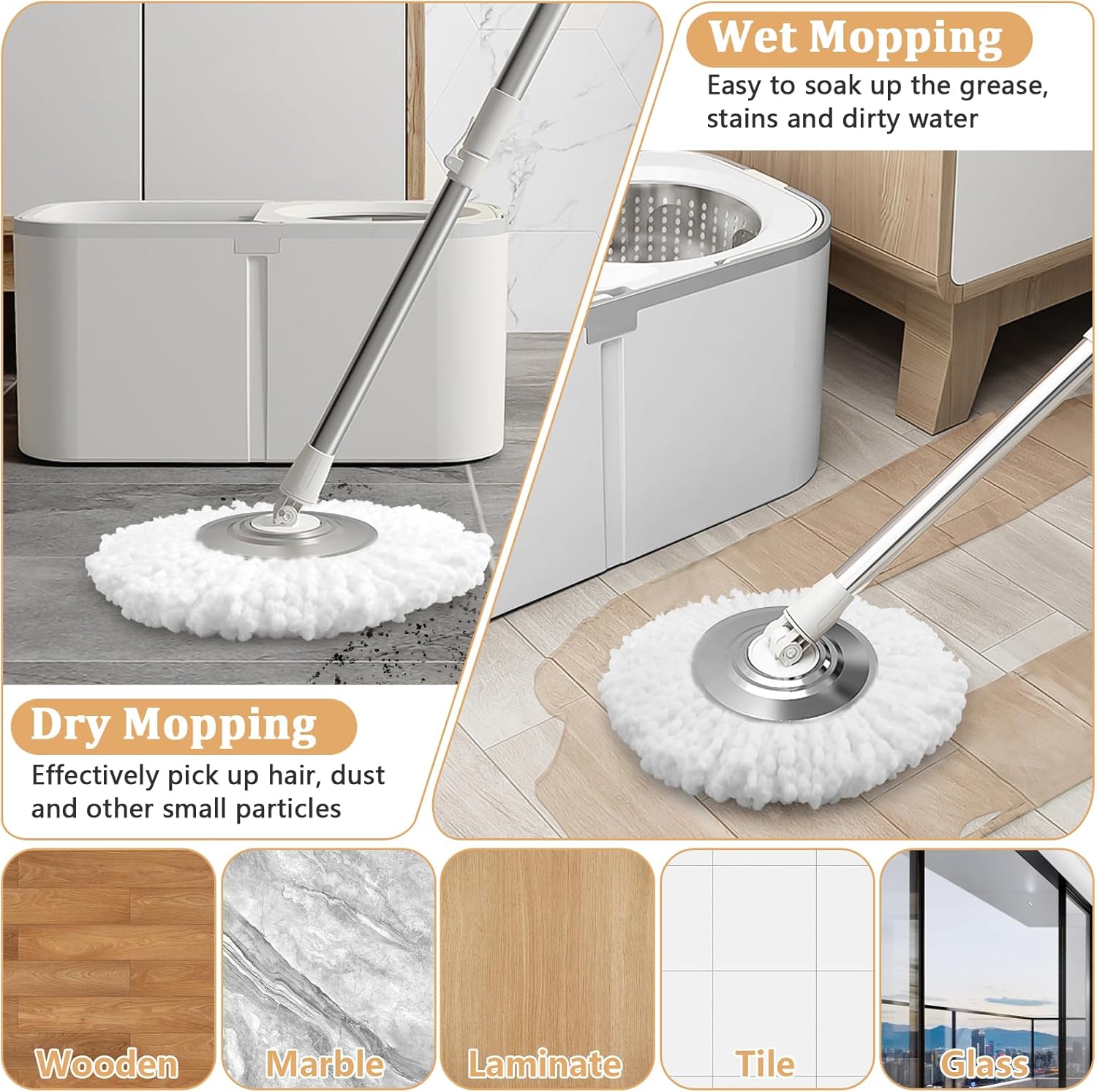 NICEMOVIC 6-Pack Spin Mop Replacement Heads - Universal Fit Machine Washable Microfiber