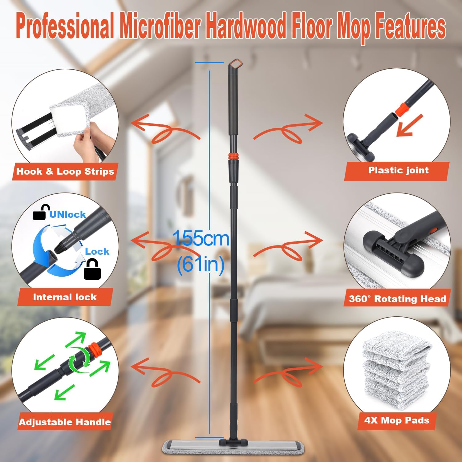 18-Inch Microfiber Mop with 4 Reusable Pads and 61in Handle