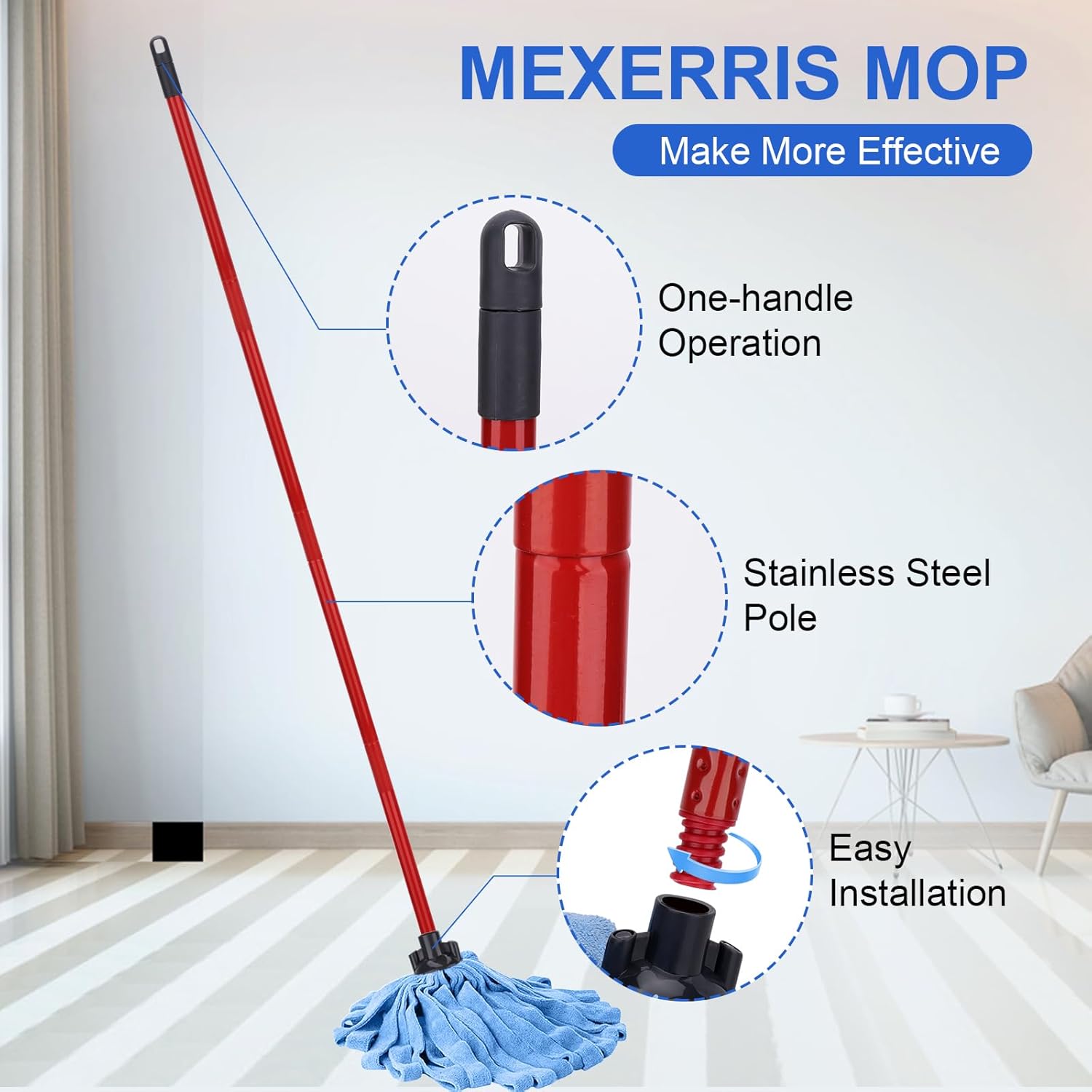 BeiLan Microfiber Mop Heads Replacements - 4 Blue Cloths with 1 Handle