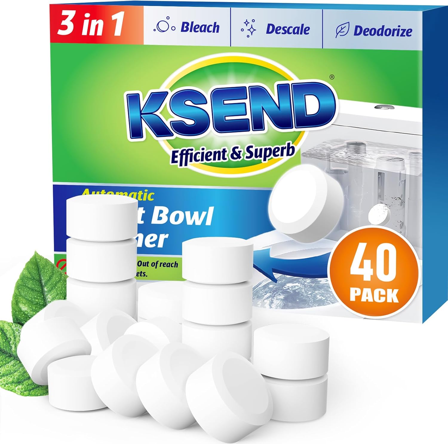 Ksend Toilet Bowl Cleaner Tablets - 40PCS Automatic Bleach Tablets
