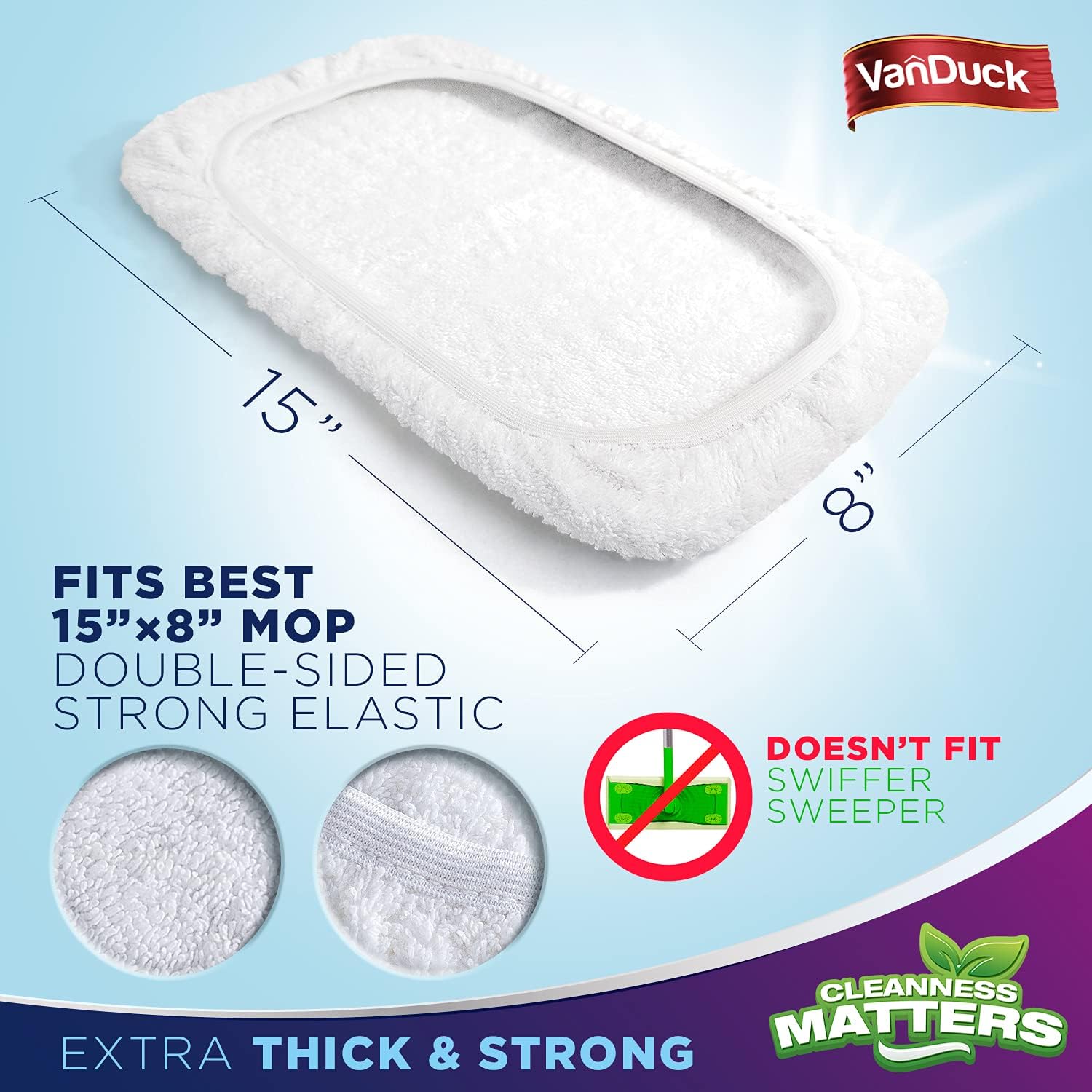 VanDuck 100 Cotton Terry Mop Pads 15x8 Inch Pack of 12