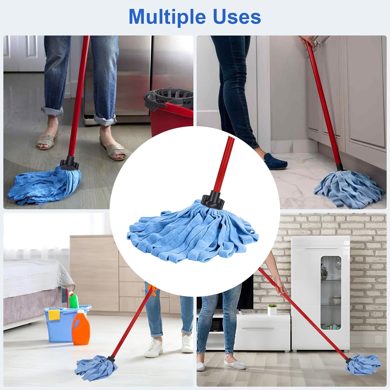 BeiLan Microfiber Mop Heads Replacements - 4 Blue Cloths with 1 Handle
