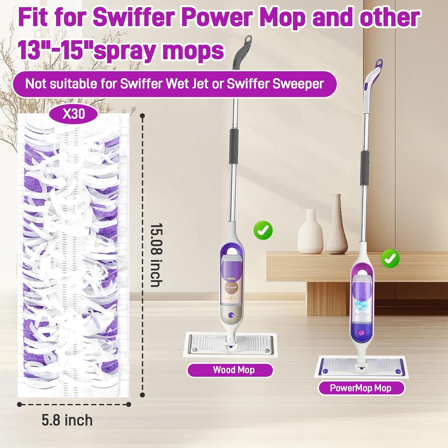 30 Pack Power Mop Refills for Swiffer Multi-Surface Wood Mop