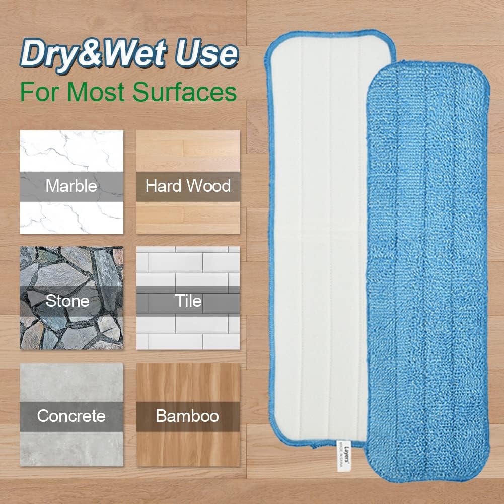 Layers 18 Inch Microfiber Mop Refills - 3 Pack Reusable Velcro Mop Heads