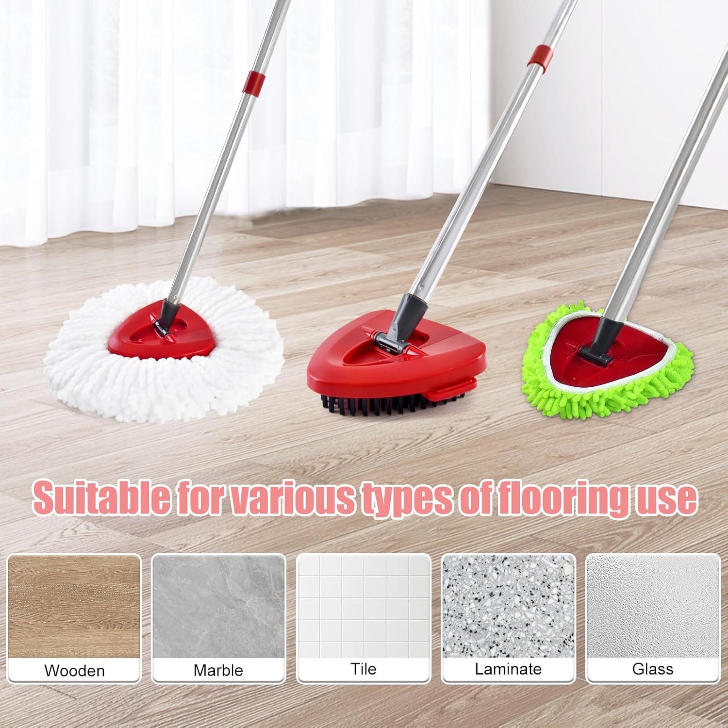 Hezane 4 Pack Mop Heads Handle Scrub Brush Combo Set