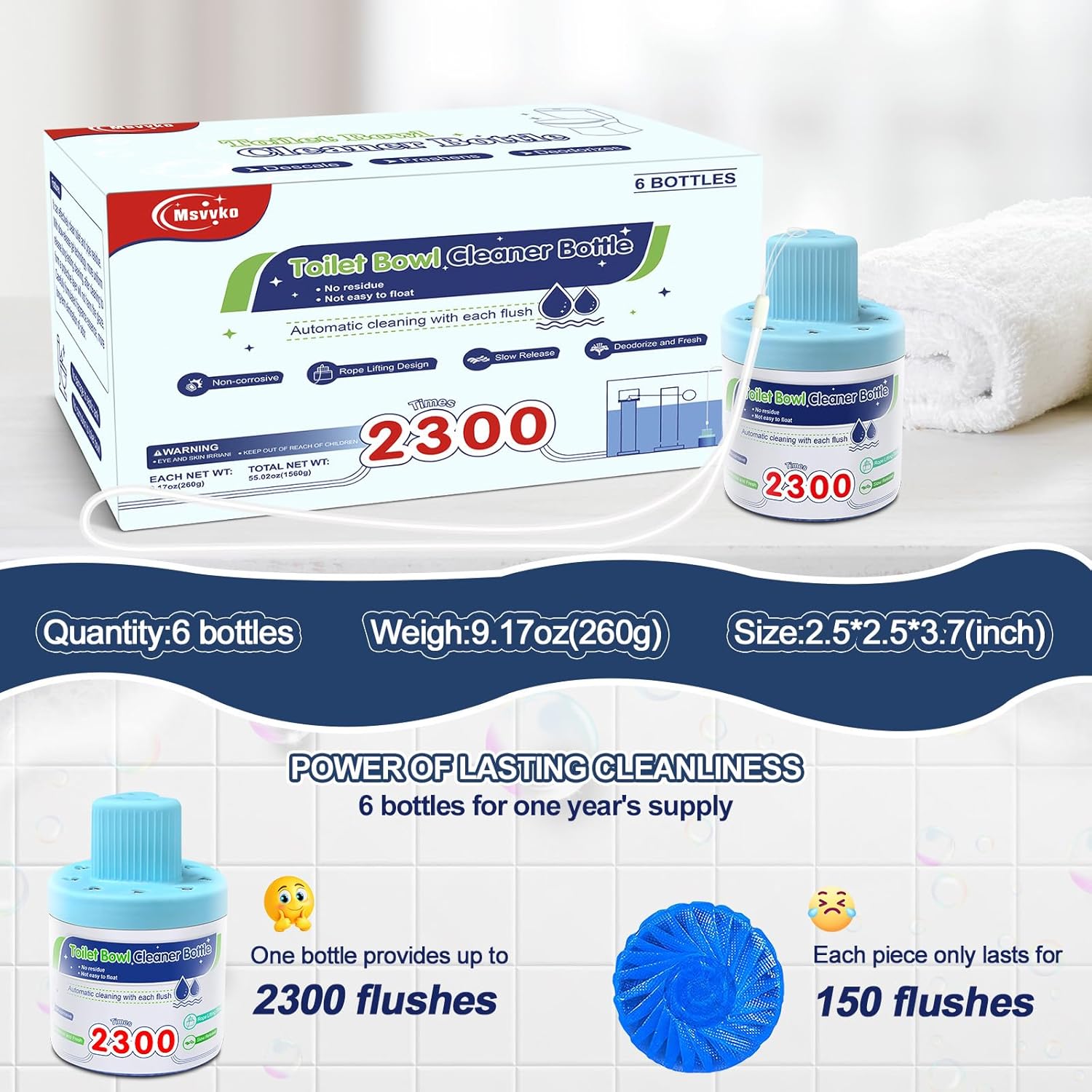 Msvvko Toilet Bowl Cleaner Tablets in Bottles 6 Pack 2300 Flushes Each