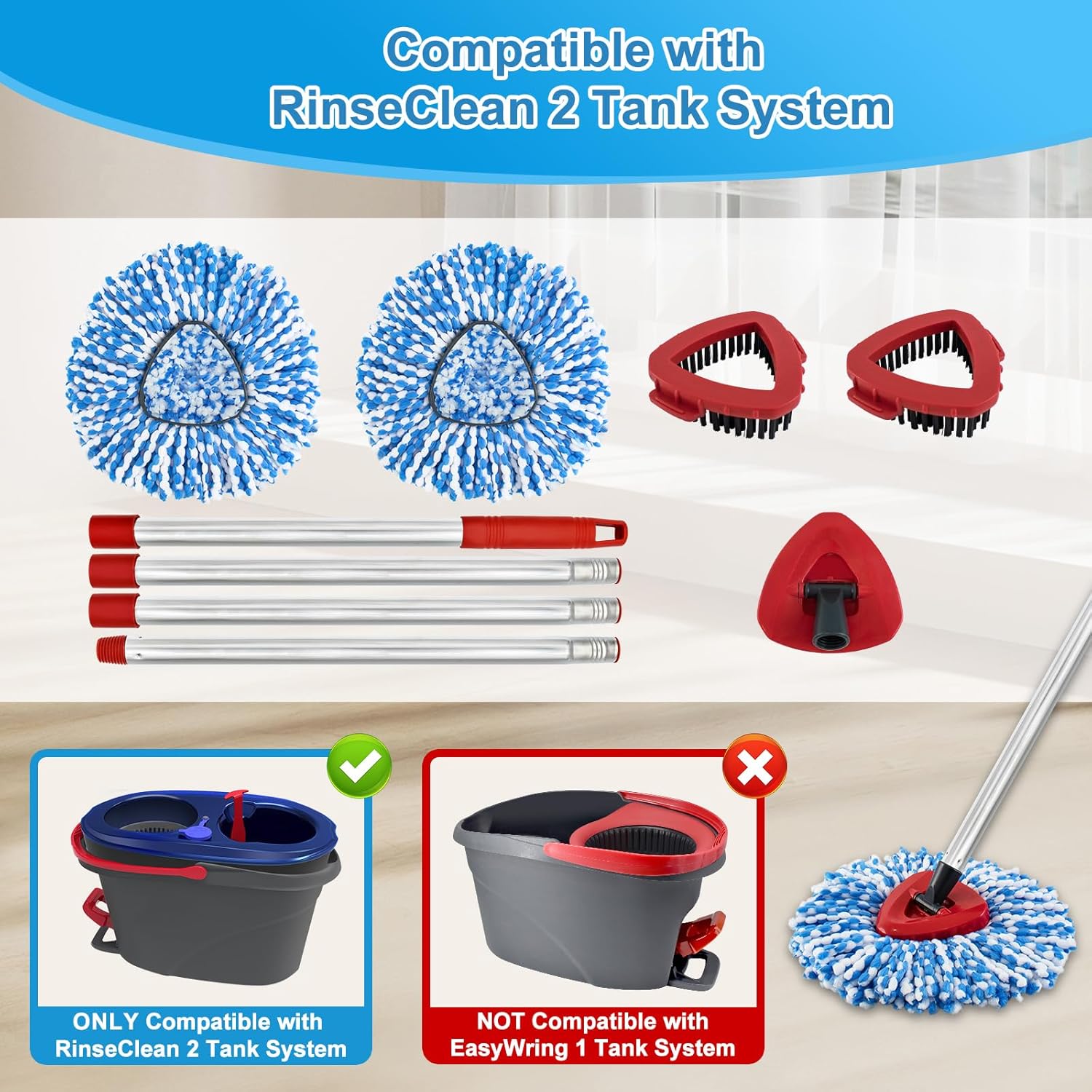 Heuihm 2 Spin Mop Heads 4-Section Handle Combo Set