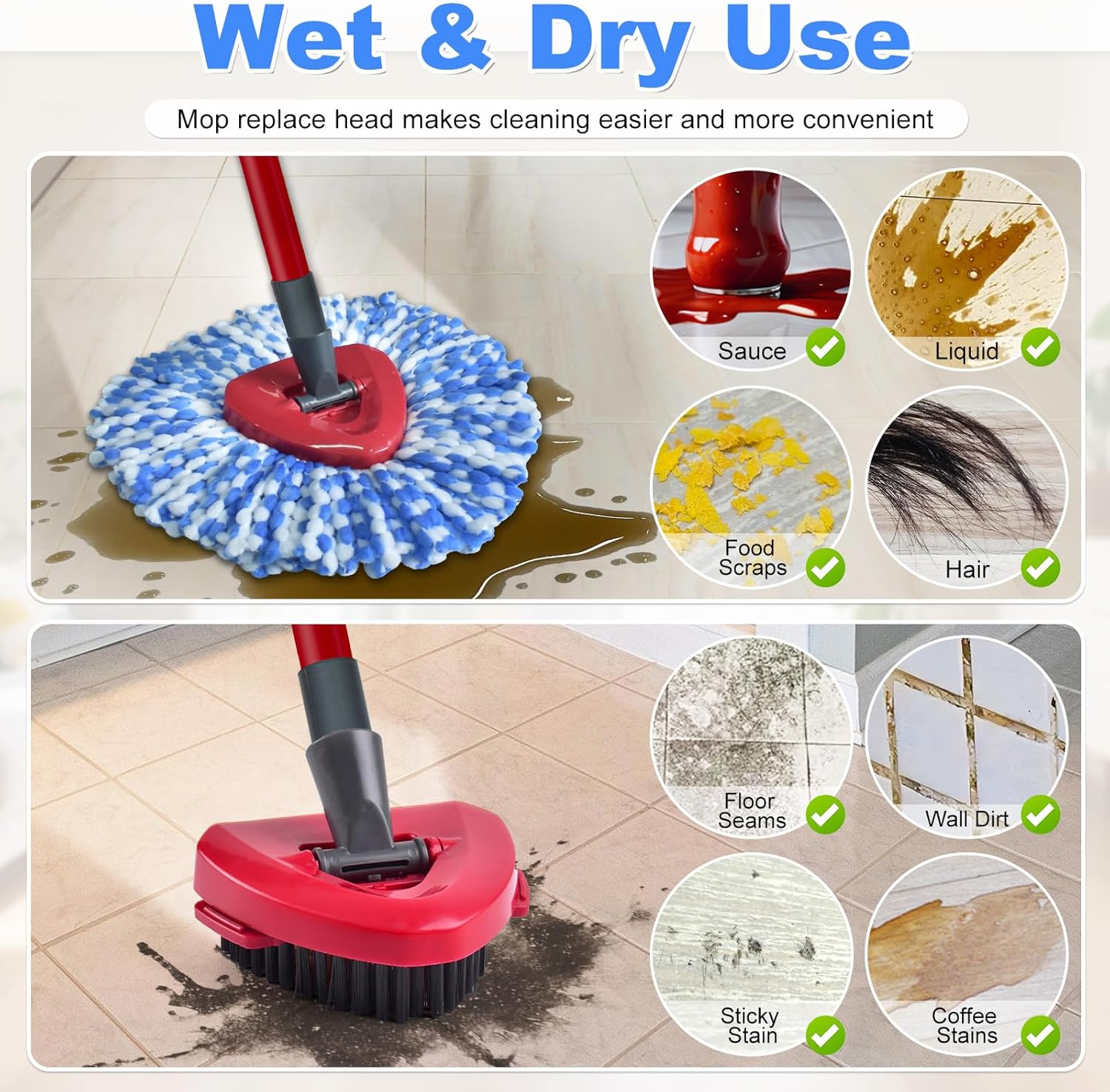 DLAIMI Spin Mop Replacement Heads 3-Pack with 2 Scrubber Heads