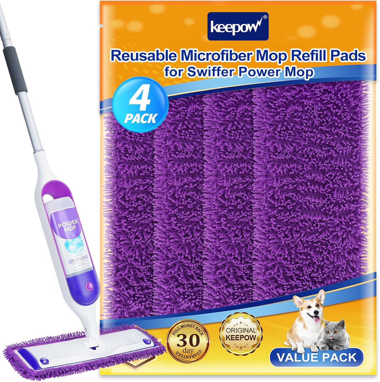 KEEPOW Reusable Microfiber Mop Pads 4 Pack