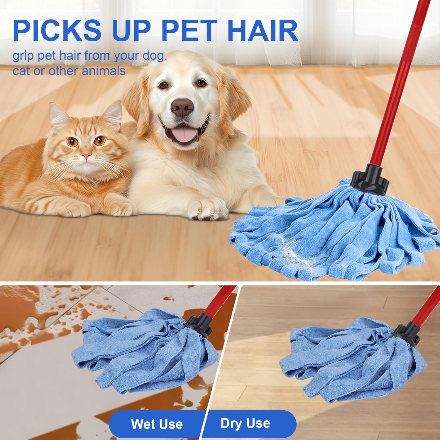 BeiLan Microfiber Mop Heads Replacements - 4 Blue Cloths with 1 Handle