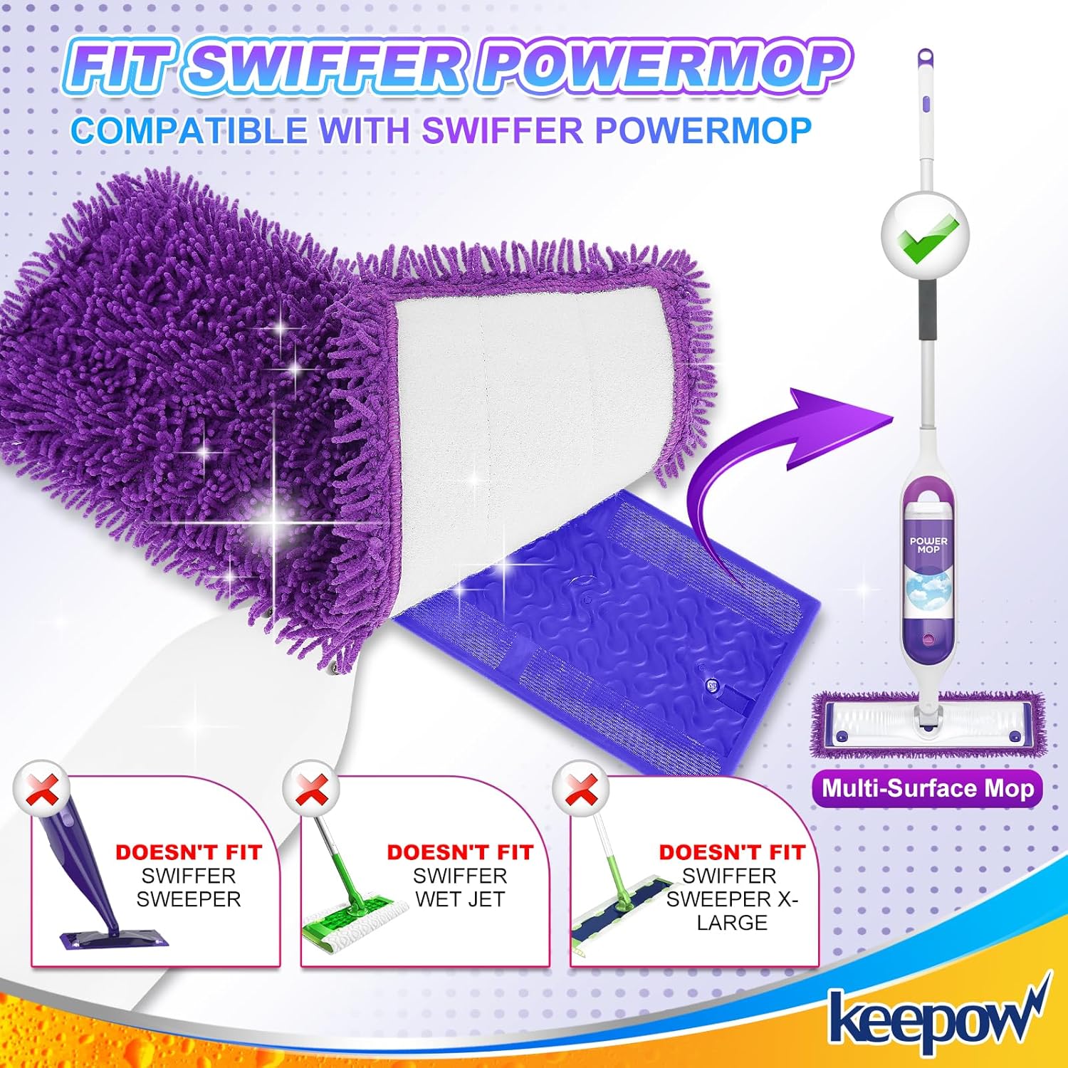 KEEPOW Reusable Microfiber Mop Pads 4 Pack