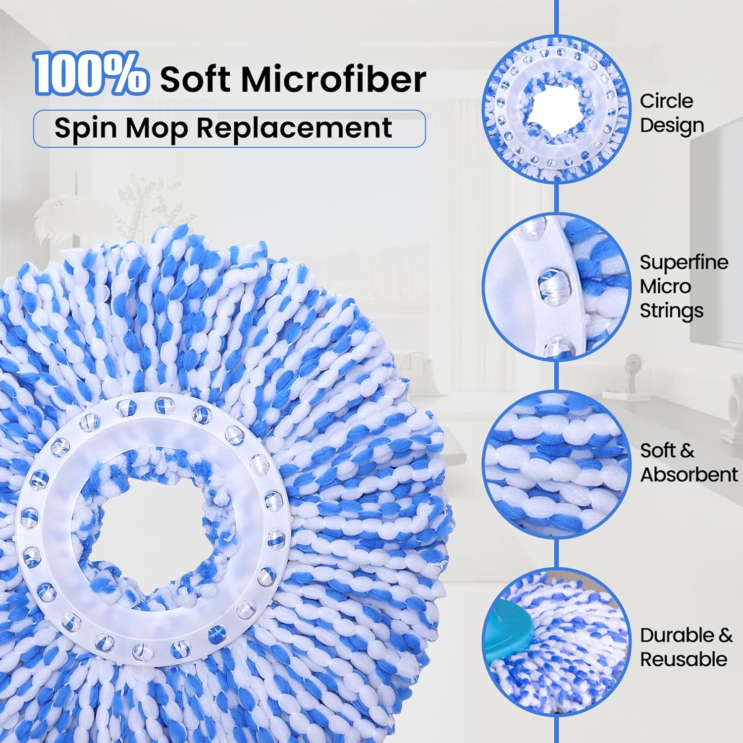 5 Pack Microfiber Spin Mop Replacement Heads Blue