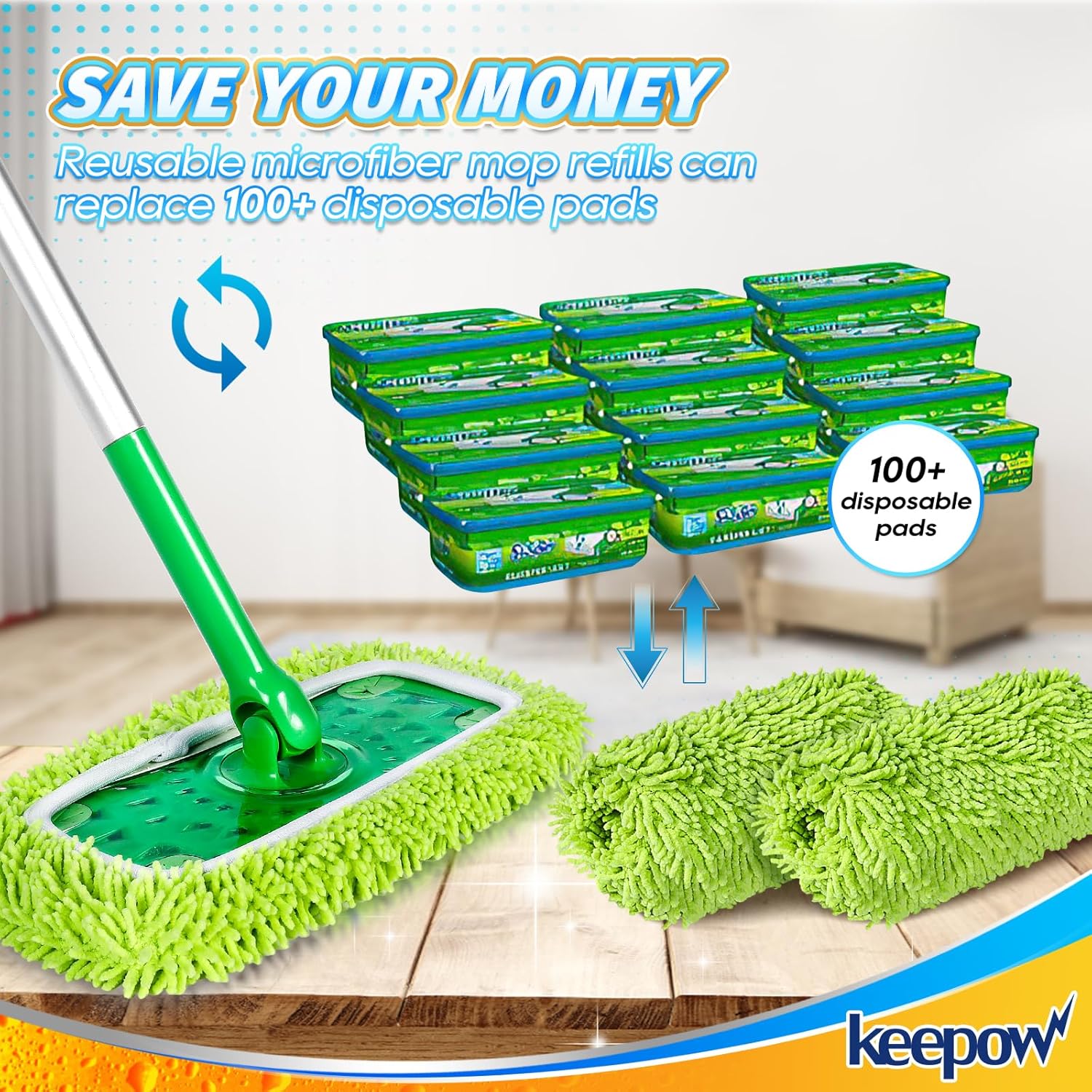 KEEPOW Reusable Microfiber Mop Pads 8 Pack