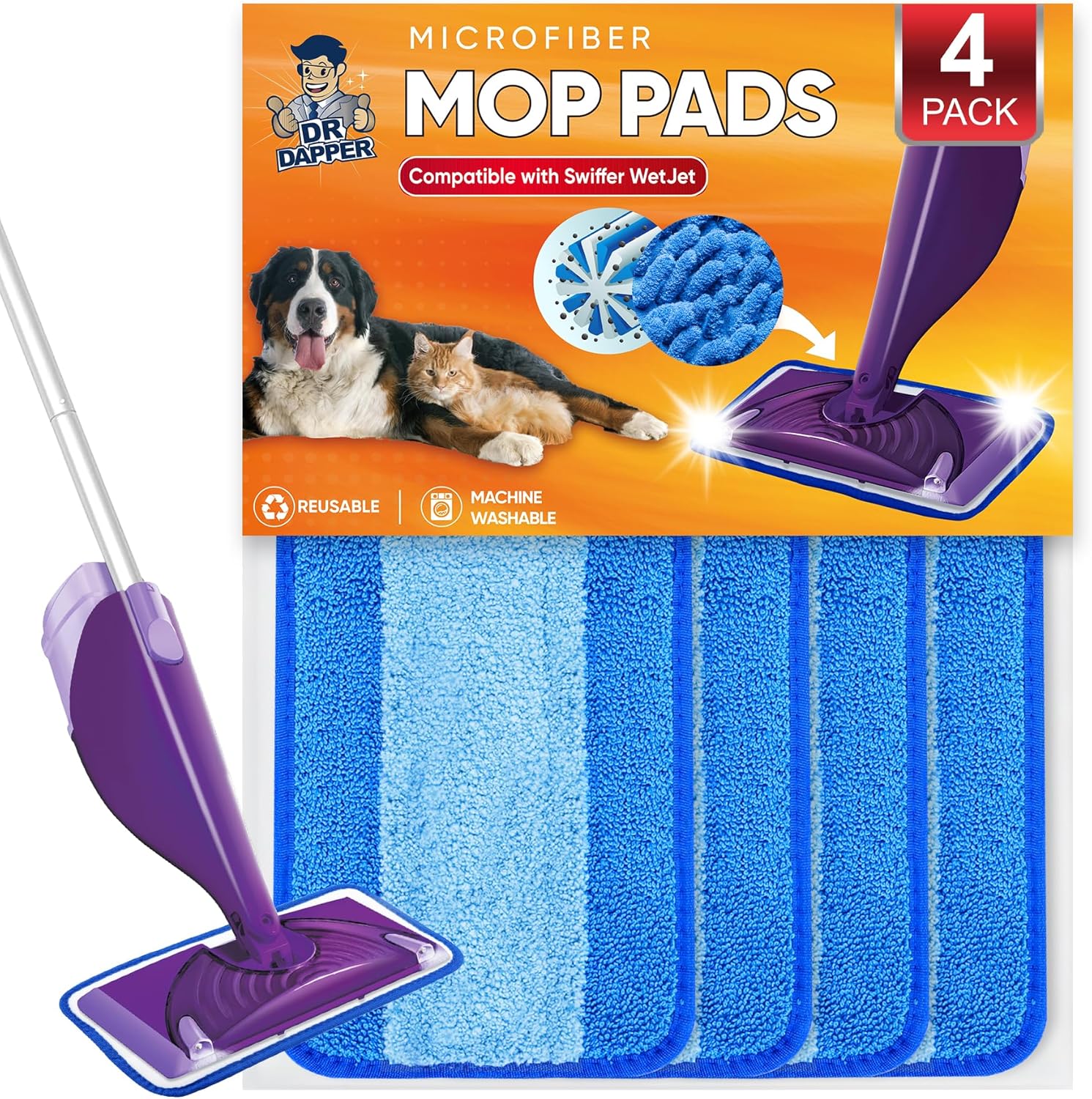 DR DAPPER Reusable Wet Jet Pads 4 Pack for Swiffer WetJet Mop