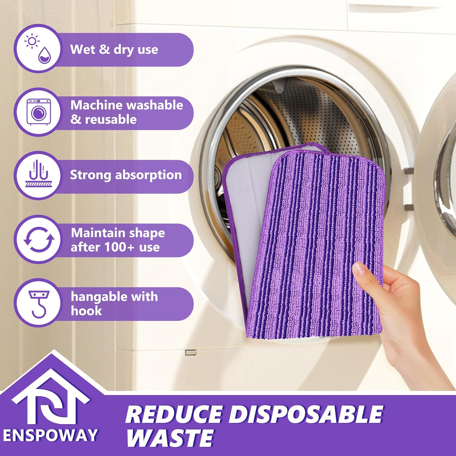 ENSPOWAY 8 Pack Reusable Mop Pads - Purple
