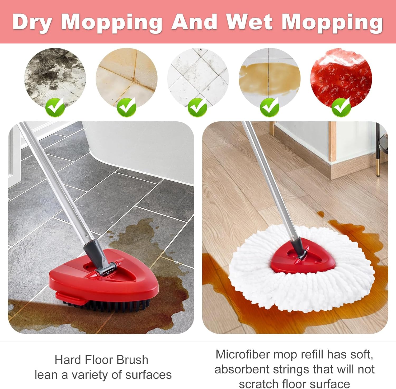 Hezane 4 Pack Mop Heads Handle Scrub Brush Combo Set